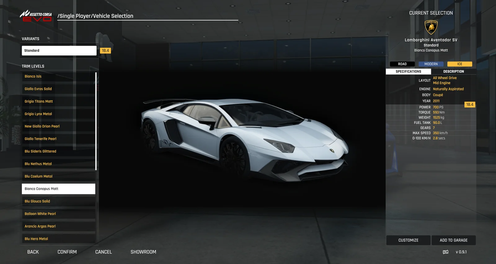 Assetto Corsa EVO's vehicle selection with the converted Lamborghini Aventador SV: its Assetto Corsa skins listed as trim levels, the Lamborghini badge, and the spec sheet with 700 PS, 593 Nm and 350 km/h