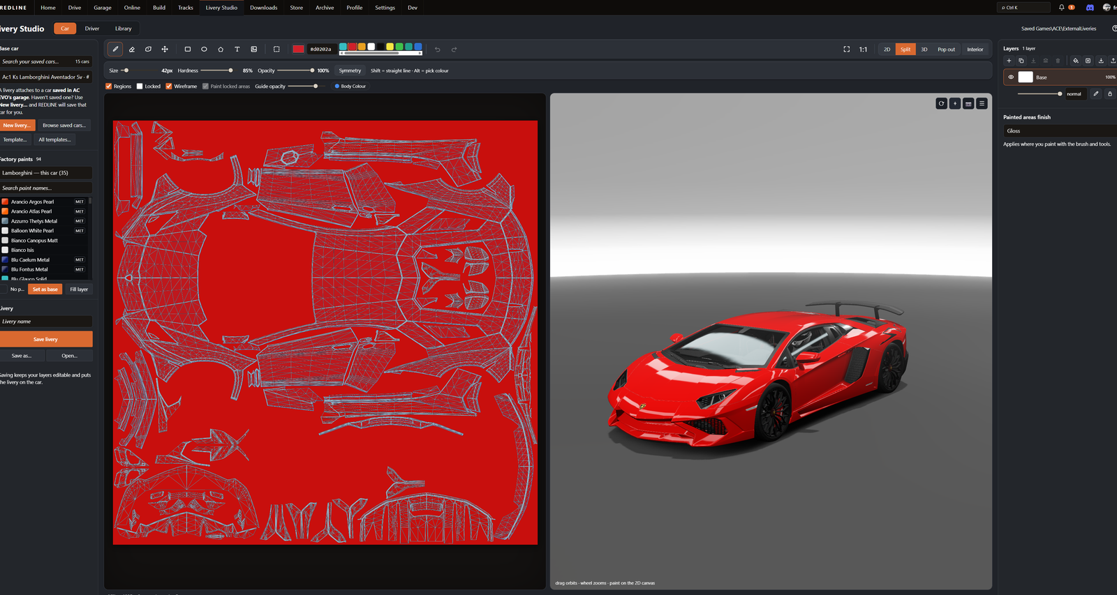 REDLINE's Livery Studio with the converted Aventador SV: its paint template with the UV wireframe in red, the Lamborghini factory paints, and the car in 3D