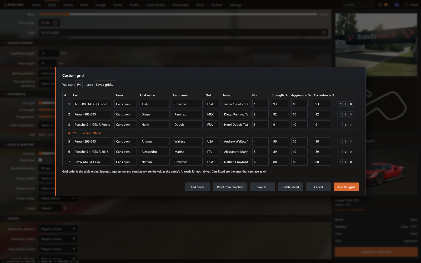 Custom grid: six AI drivers in GT3 cars from Audi, Ferrari, Porsche and BMW, each with a name, nationality, team, number, strength, aggression and consistency, and you starting fourth in the Ferrari 296 GT3