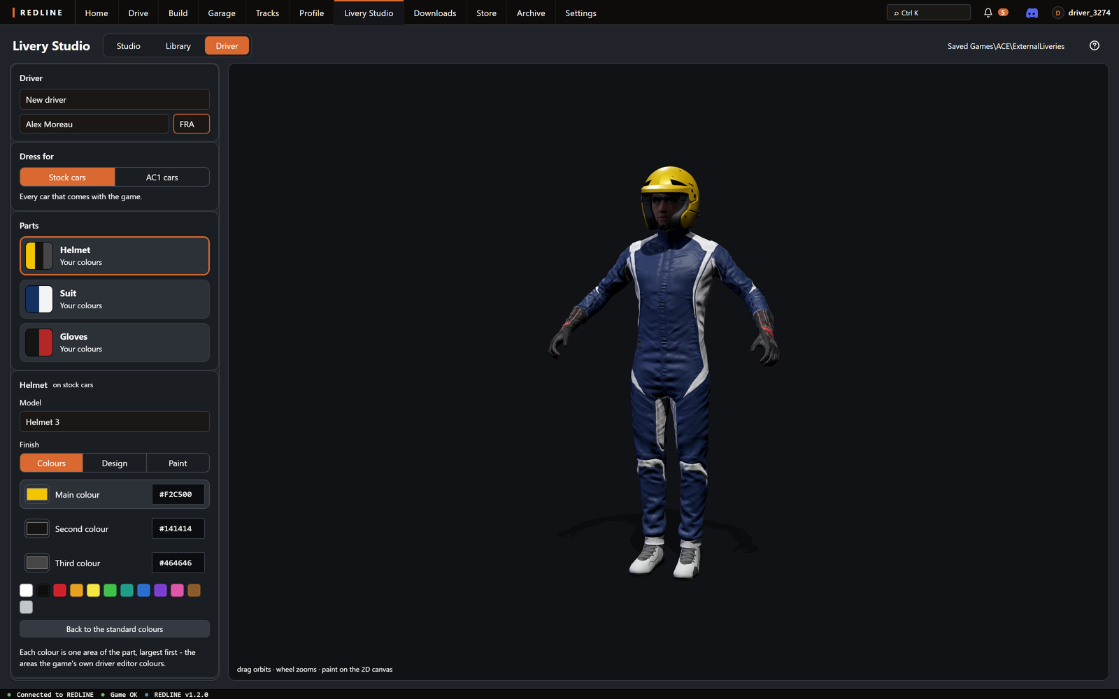 Livery Studio, Driver: a new driver with a yellow and black Helmet 3, a navy and white suit and black gloves, standing in 3D beside the editor