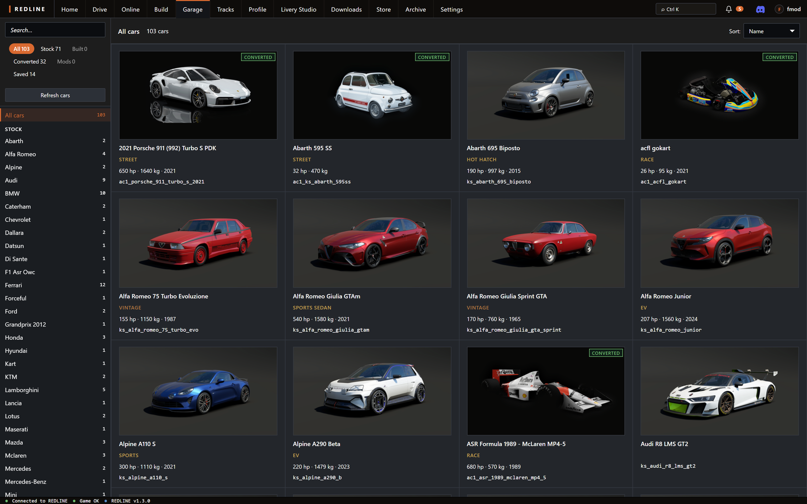 Garage: 103 cars, stock and converted, filtered by brand down the side, each card with its class, power, weight and year