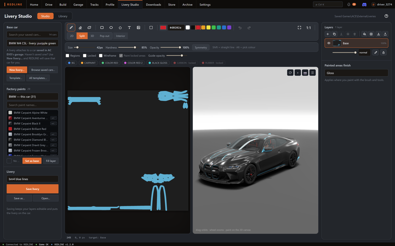 Livery Studio in split view: a BMW M4 CSL livery with blue lines, painted on the flat template on the left and shown on the car in 3D on the right