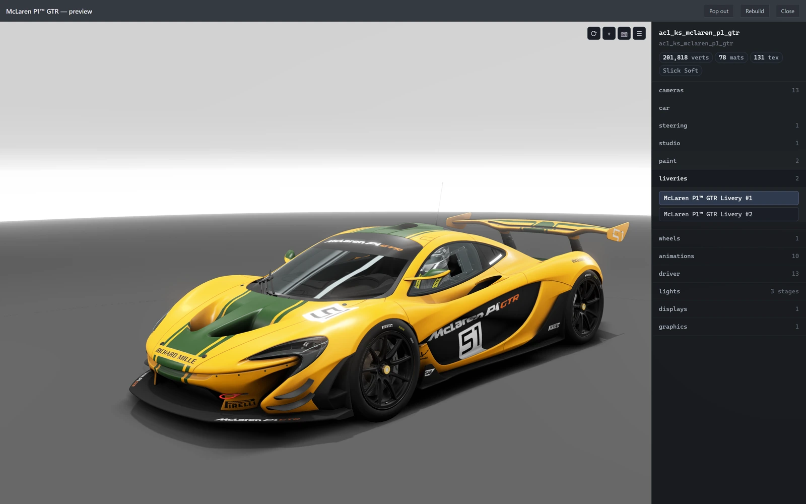 The Showroom: a converted McLaren P1 GTR in its yellow and green number 51 livery, one of its two converted Assetto Corsa liveries, in REDLINE's 3D viewer