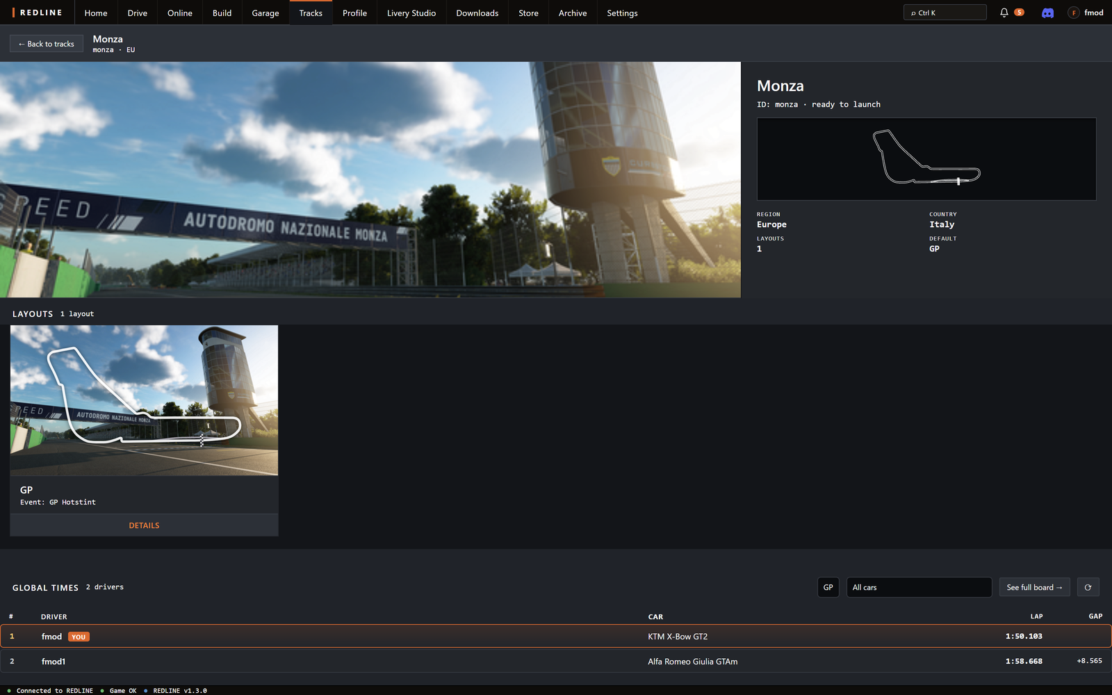 Tracks: the Monza page with its photo, outline and GP layout, and its global times, a KTM X-Bow GT2 lap of 1:50.103 on top